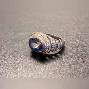 Vintage NVC 925 Sterling Silver Small White CZ and Light Blue Color Stone Ring